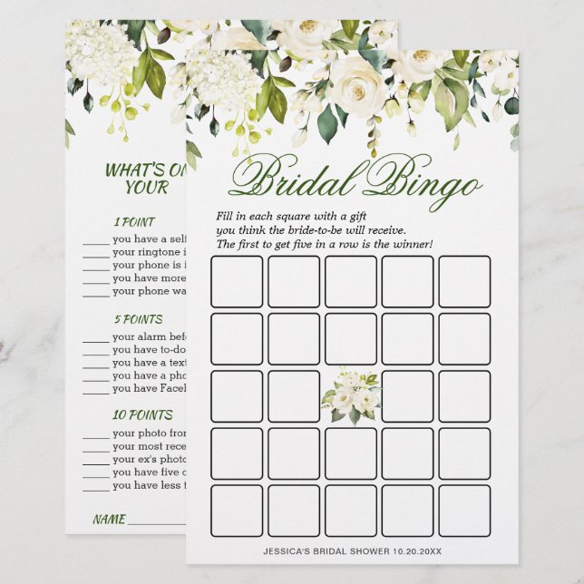 DOUBLE SIDED White Roses Floral Bridal Shower Game (Front/Back)