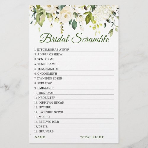 DOUBLE SIDED White Roses Floral Bridal Shower Game