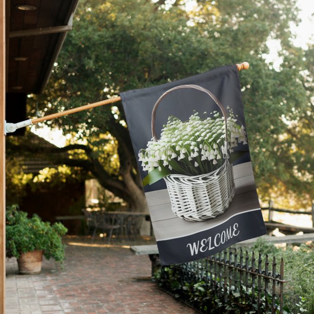 Double Sided White Wicker Basket of Lilies   House Flag (In SItu)