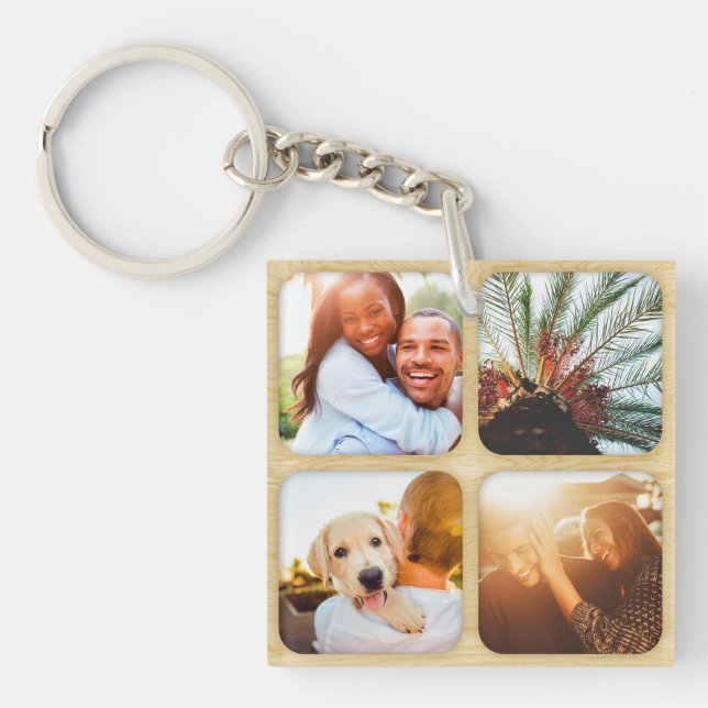 Double Sided Wooden 8 Photo Template Grid Rounded Keychain (Front)