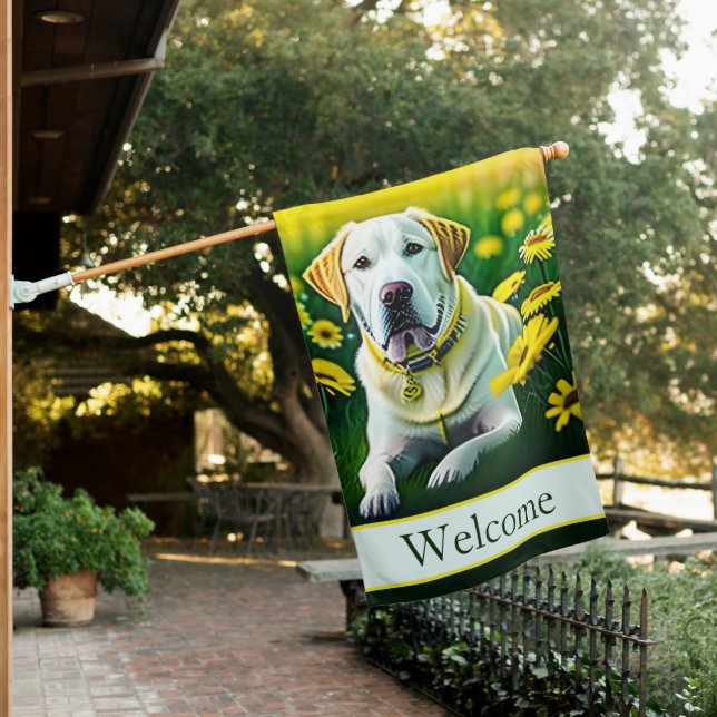 Double Sided Yellow Lab in Field of Wildflowers  House Flag (In SItu)