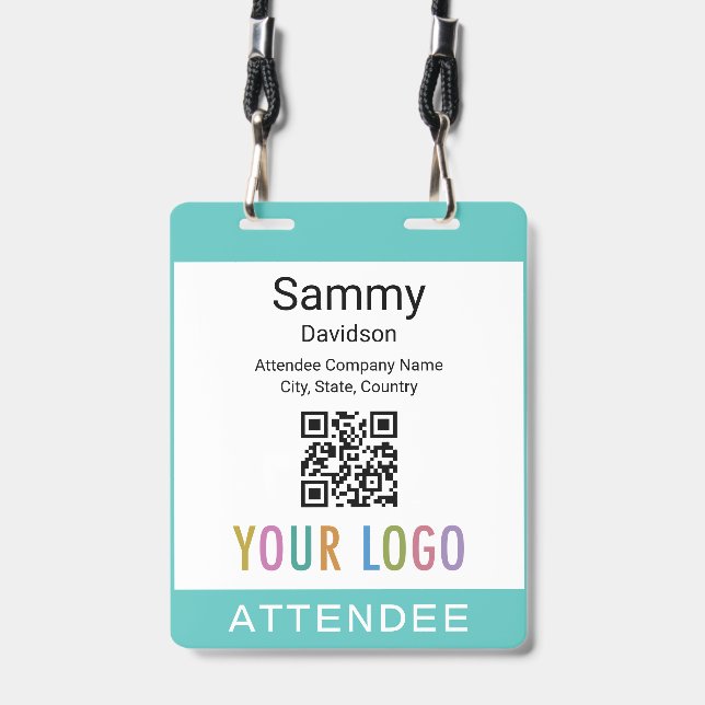 Double Slot Event Badge QR Code Turquoise Blue (Front with Lanyard)