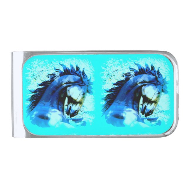 double stallions blue silver finish money clip (Front)
