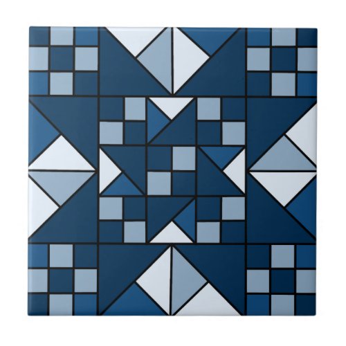 Double Star Chain Shades of Blue Quilt Ceramic Tile