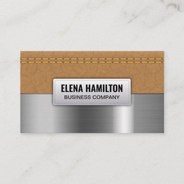 Double Stitched Tan Leather | Metallic Brushed Business Card (Front)