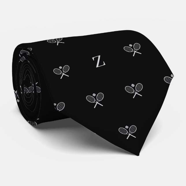 Double Tennis Rackets Ball Monogram Initial Black Neck Tie (Rolled)