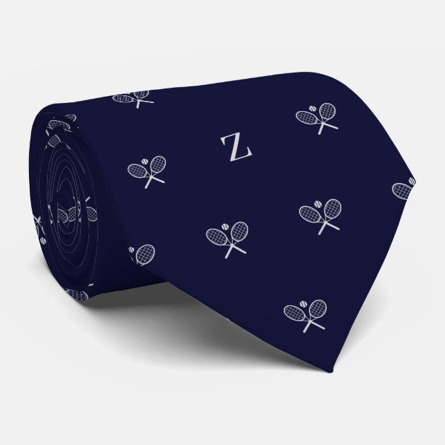 Double Tennis Rackets Ball Monogram Initial Blue Neck Tie (Rolled)