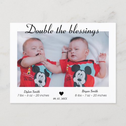 Double the blessing Twins photo Birth announcement Postcard