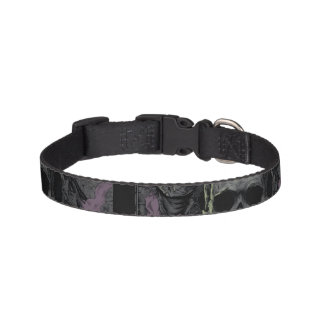 Double the darkness with this striking dual skull pet collar