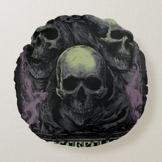 Double the darkness with this striking dual skull round pillow