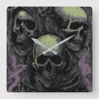 Double the darkness with this striking dual skull square wall clock