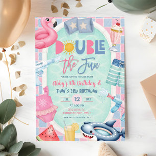 Double the Fun Boy Pool Party Sibling Birthday Invitation