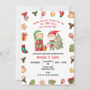 Double the Fun, Elves Christmas Twins 1st Birthday Invitation