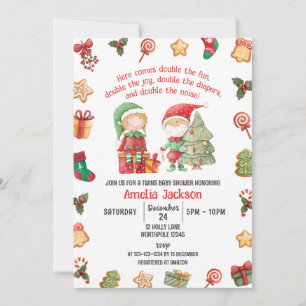 Double the Fun, Elves Christmas Twins Baby Shower Invitation