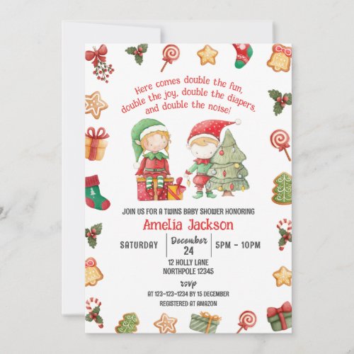 Double the Fun Elves Christmas Twins Baby Shower Invitation