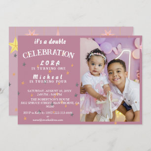 Double the Fun! Joint Sibling Birthday Bash  Invitation