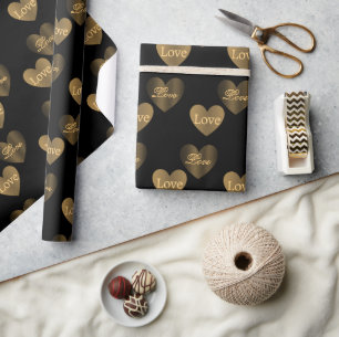 Double the Gold Love Hearts on Black Wrapping Paper
