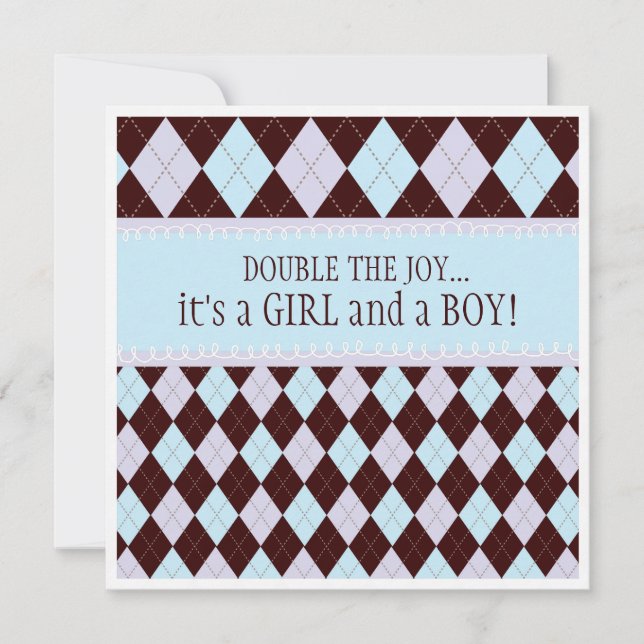 Double the Joy Argyle Boy Girl Twins Baby Shower Invitation (Front)