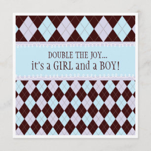 Double the Joy Argyle Boy Girl Twins Baby Shower Invitation