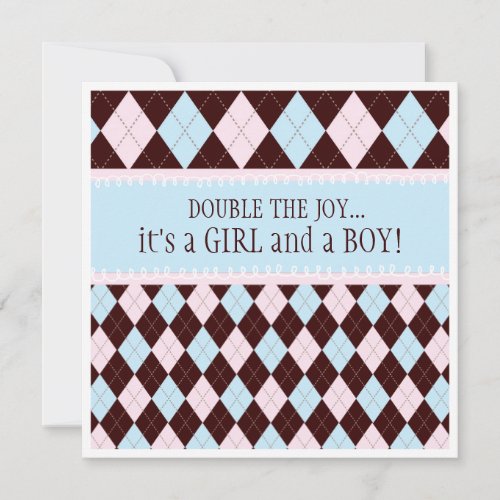 Double the Joy Argyle Boy Girl Twins Baby Shower Custom Announcements