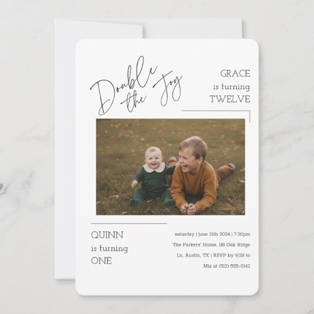 Double The Joy Joint Siblings Photo Birthday Party Invitation (Front)