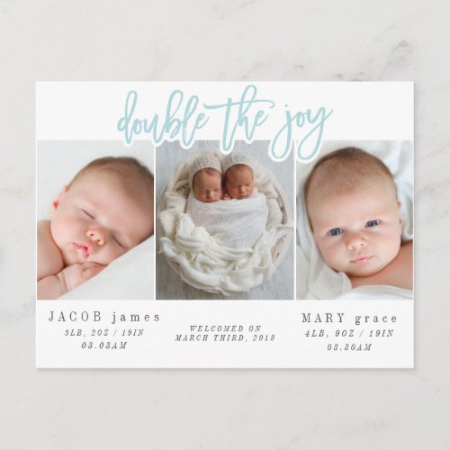 Double the joy twin birth announcement postcard