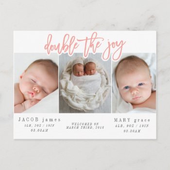 Double The Joy Twin Birth Announcement Postcard by Stacy_Cooke_Art at Zazzle