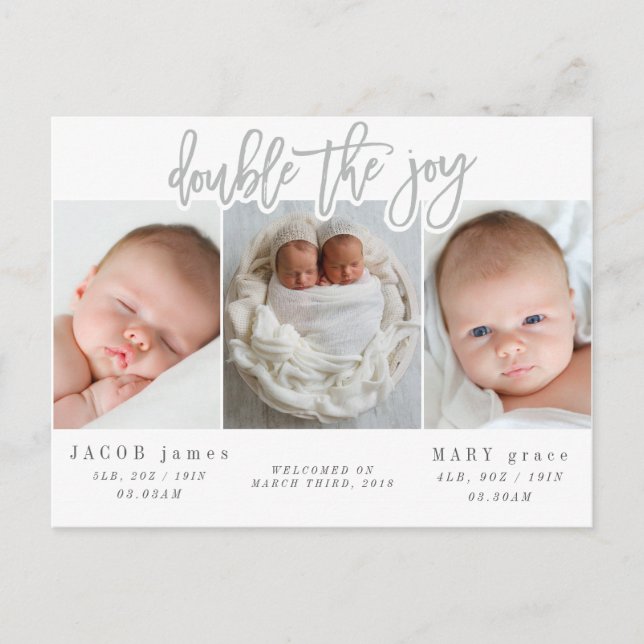 Double the joy twin birth announcement postcard (Front)