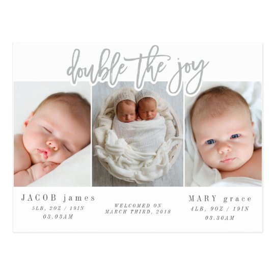 Double the joy twin birth announcement postcard