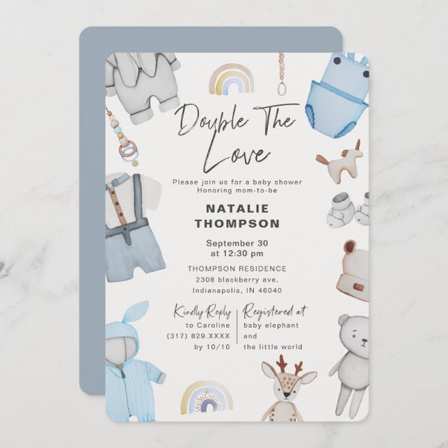 Double the Love Clothes Twin Boys Baby Shower Invitation (Front/Back)