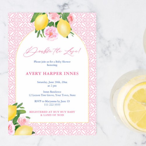 Double The Love Lemons Pink Twin Girls Baby Shower Invitation