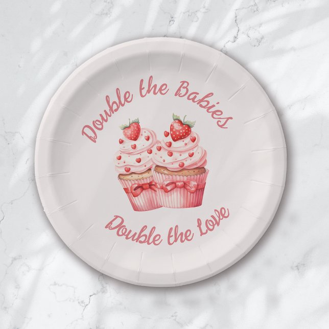 Double the Love Pink Cupcake Twin Baby Shower Paper Plates (Creator Uploaded)