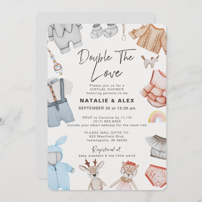 Double the Love Twins Boy Girl Virtual Baby Shower Invitation (Front/Back)