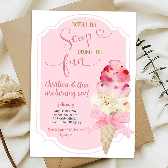 Double The Scoop Ice Cream Twins Birthday Invitation (Creator Uploaded)