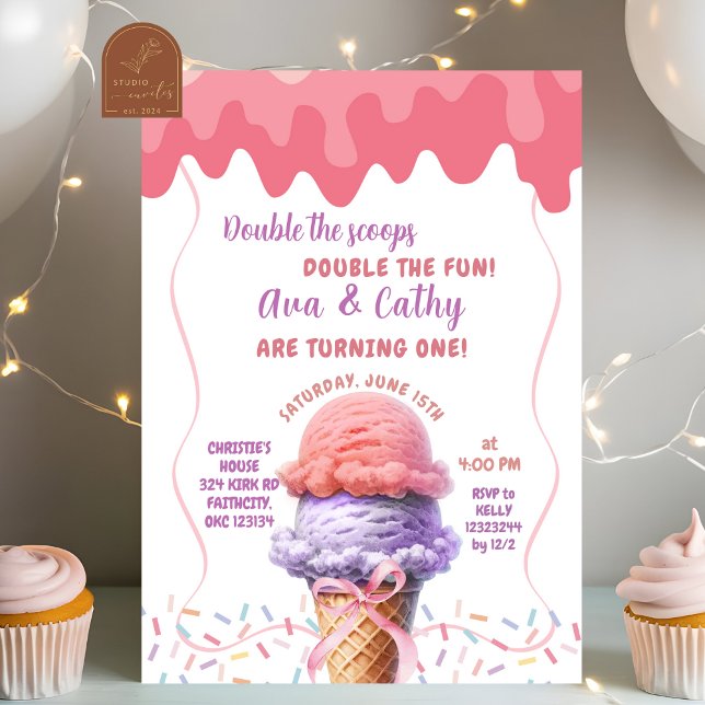 Double the Scoop Ice Cream Twins Birthday Invitation (Creator Uploaded)
