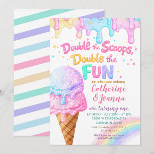 Double the Scoops Birthday ice Cream Glitter Invitation
