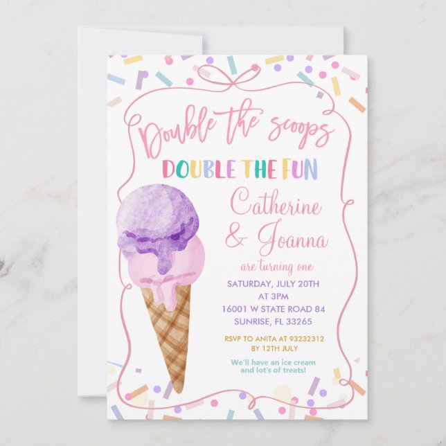 Double the scoops Double Fun Birthday Ice Cream Invitation (Front)