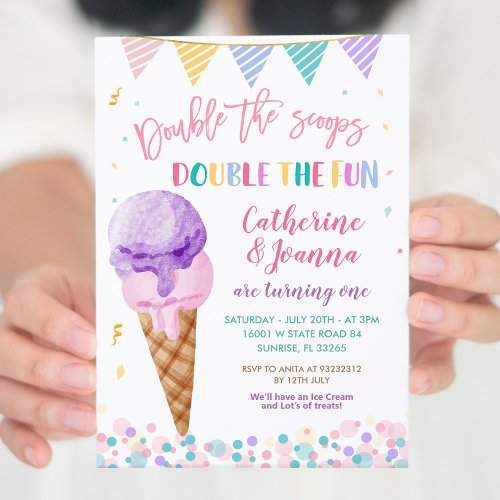 Double the Scoops Twin Birthday Ice Cream Colorful Invitation