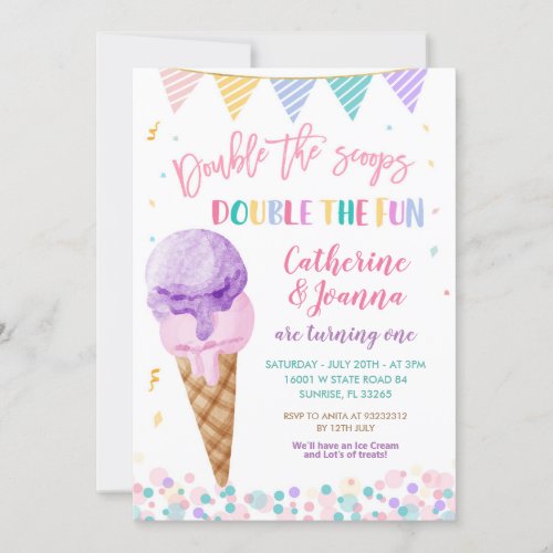 Double the Scoops Twin Birthday Ice Cream Colorful Invitation