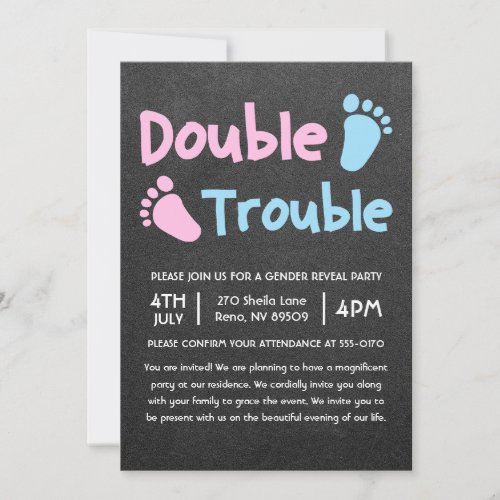 Double The Trouble Chalkboard Gender Reveal Invitation