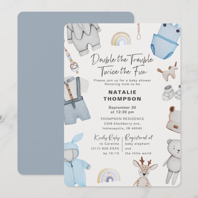 Double the Trouble Clothes Twin Boys Baby Shower Invitation (Front/Back)