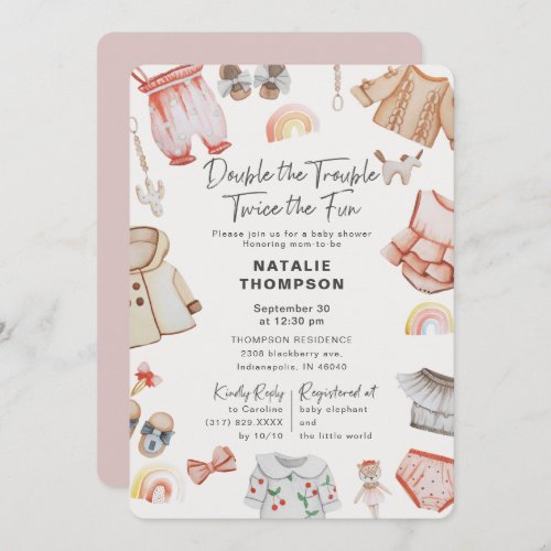 Double The Trouble Girl Twins Pink Baby Shower Invitation