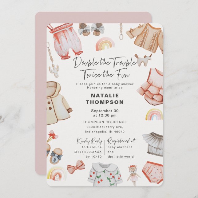 Double The Trouble Girl Twins Pink Baby Shower Invitation (Front/Back)