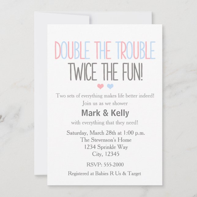 Double the trouble TWINS Baby Shower Invitation (Front)