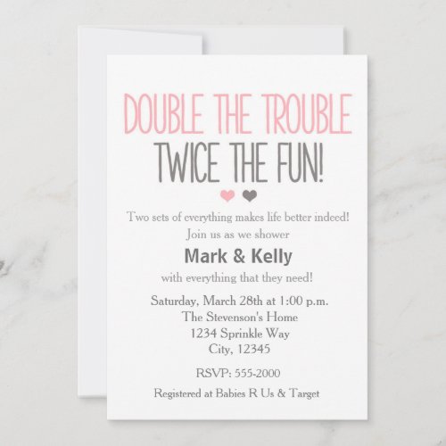Double the trouble TWINS Baby Shower Invitation