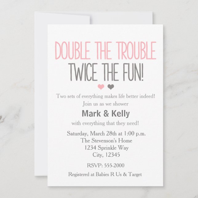 Double the trouble TWINS Baby Shower Invitation (Front)