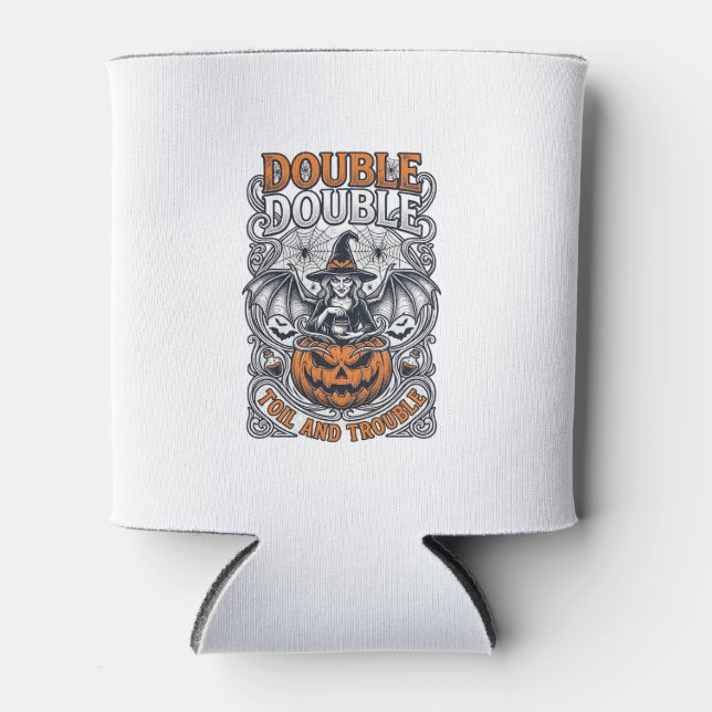 Double Toil Trouble Witch Pumpkin Halloween Cobweb Can Cooler (Front)