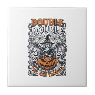 Double Toil Trouble Witch Pumpkin Halloween Cobweb Ceramic Tile