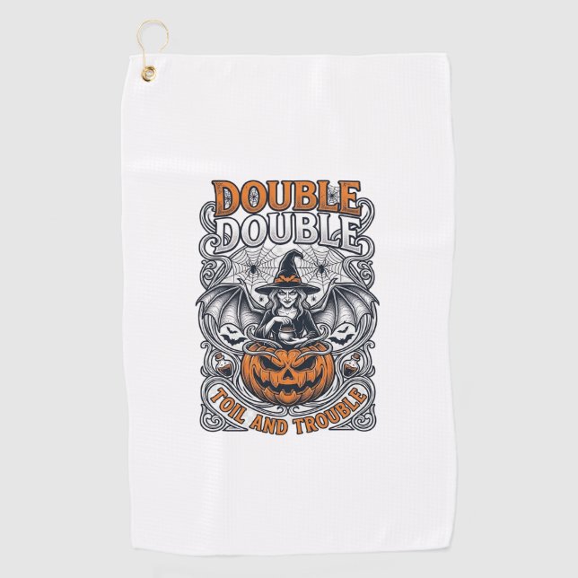 Double Toil Trouble Witch Pumpkin Halloween Cobweb Golf Towel (Front)