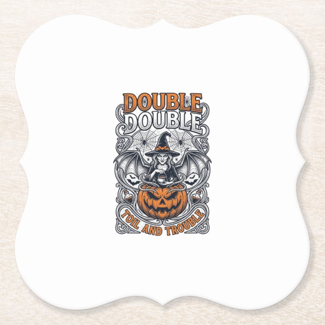 Double Toil Trouble Witch Pumpkin Halloween Cobweb Paper Coaster (Front)